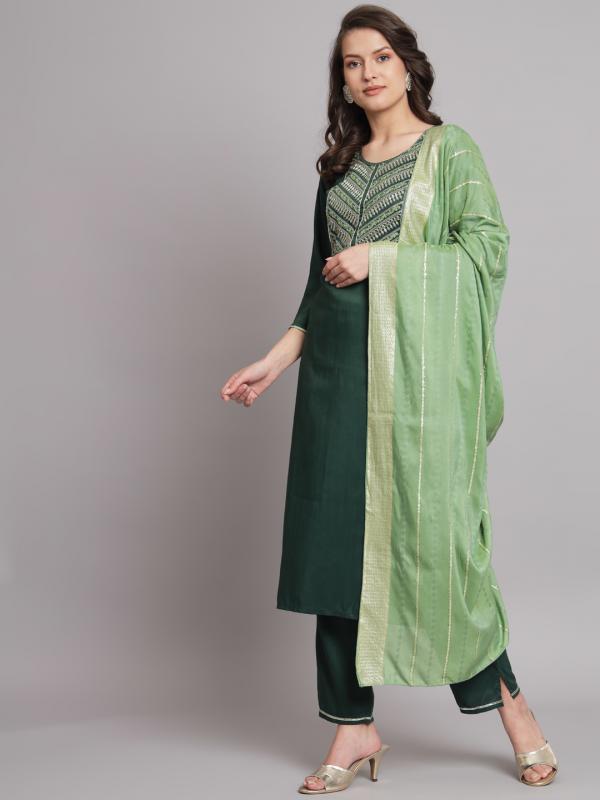 VP 9438 G Emerald Grace Embroidered Kurta Set with Dupatta